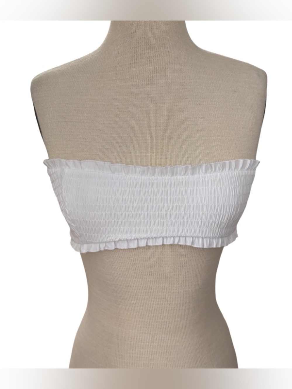 Frankies Bikinis x Victoria’s Secret PINK White Smocked Bandeau Bikini Top L